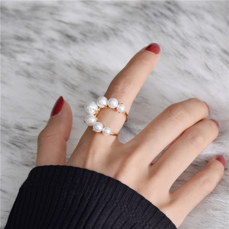 HUANZHI Vintage Old Metal Inlaid Pearl Geometric Irregular Modeling Adjustable Opening Ring for Women Party Jewelry