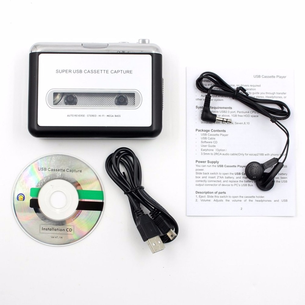 LESHP Tape Cassette Convert To MP3 Player Converter To USB Audio Captuer Walkman Music Player + CD +USB cable+ Earphones