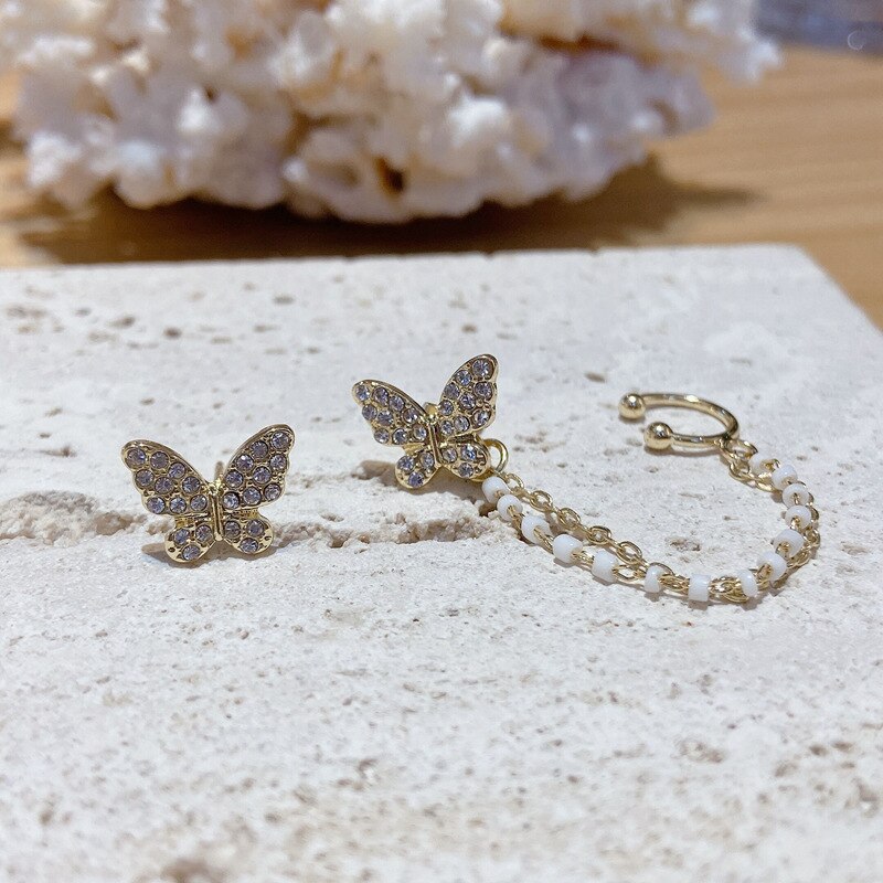 Korean women cute rhinestone butterfly metal chain earrings party wedding jewelry: Default Title