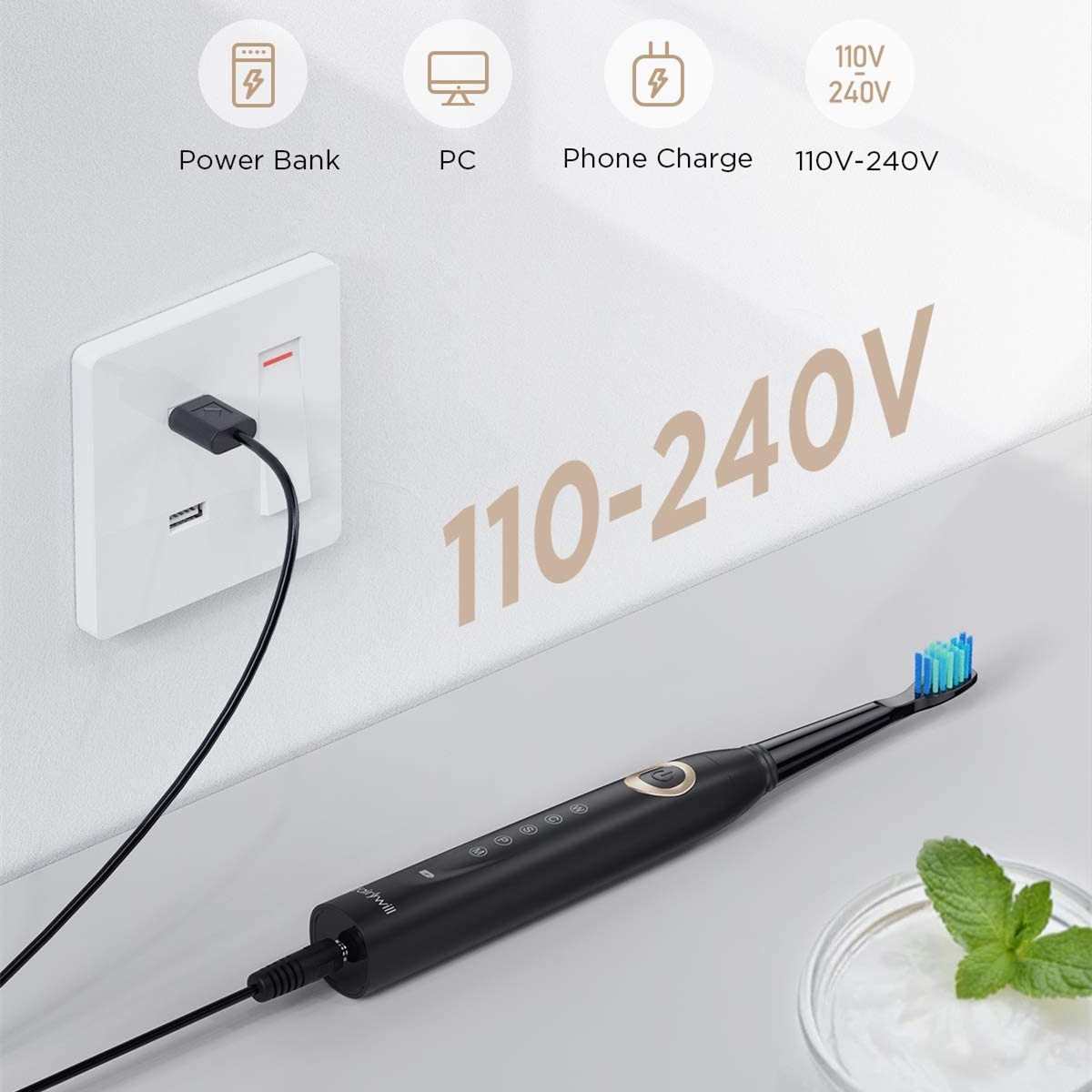 Fairywill – Brosses à dents électriques Sonic pour adultes et enfants,appareil de blanchiment rechargeable avec minuterie intelligente et 10 têtes de rechange, 5 modes de nettoyage,