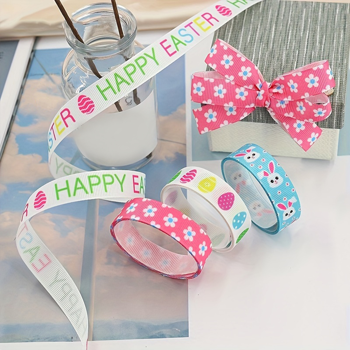 Vrolijk Pasen Lint Paasdecoratie 2025 voor thuis Polyester Cadeaupapier Lint DIY Ambachten Vrolijk Pasen Feestartikelen