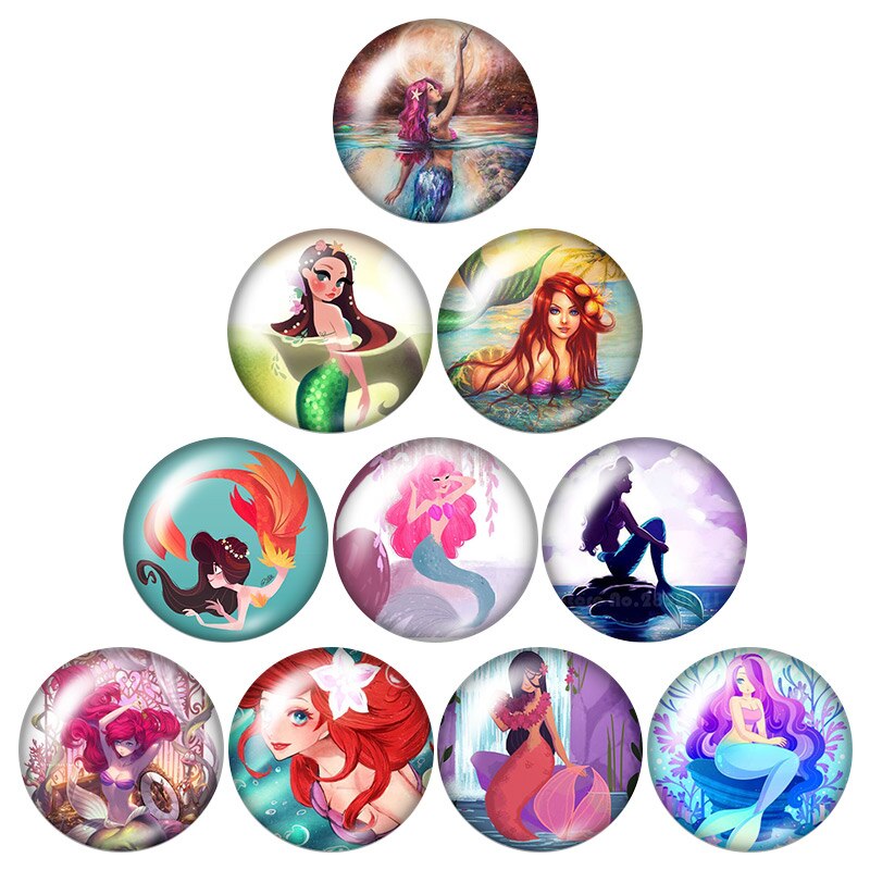 beauty Mermaid fish 18mm snap buttons 10pcs mixed round photo glass cabochon style for snap button jewelry: DB0907