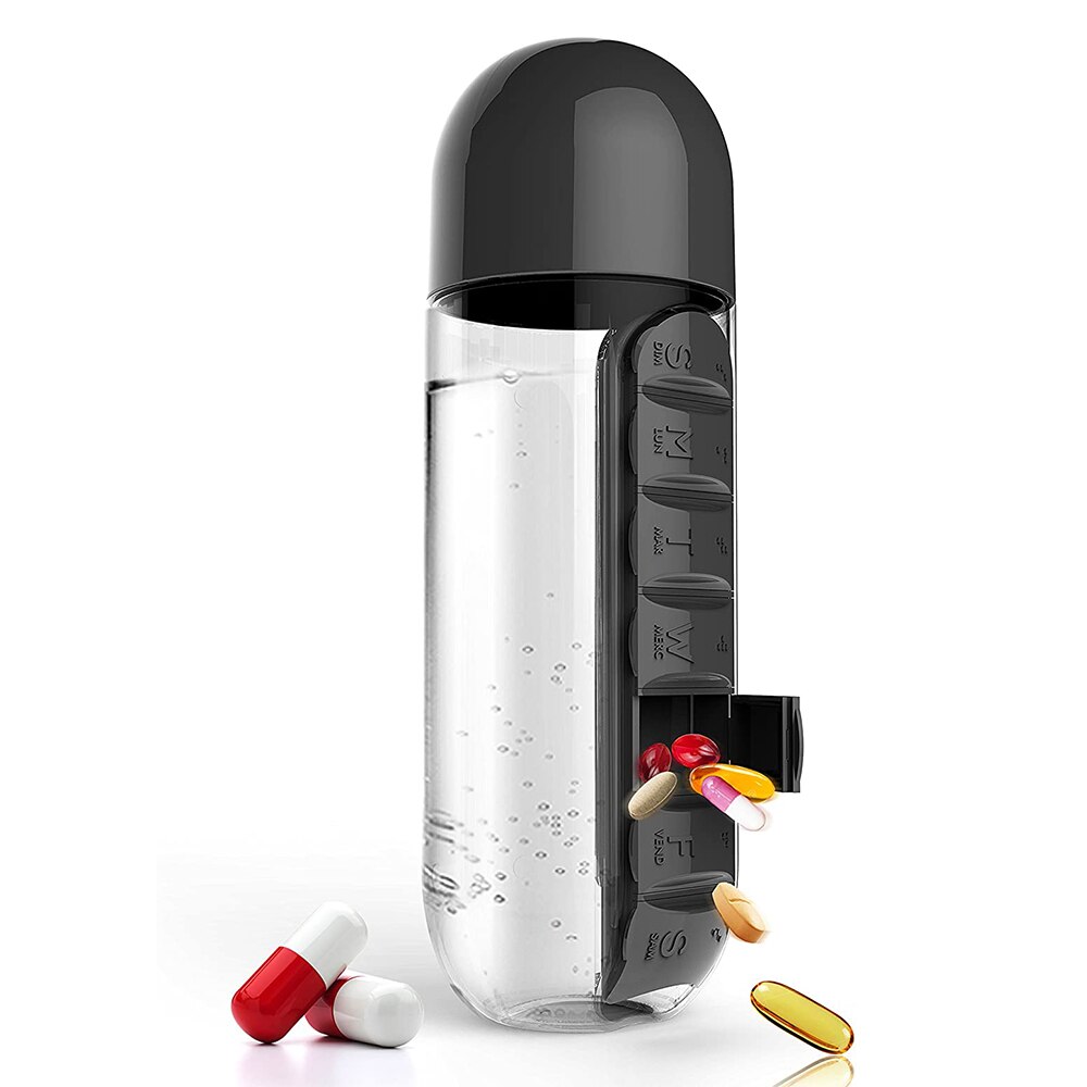 600Ml Sport Plastic Water Fles Combineren Dagelijks Pill Boxes Organisator Drinken Flessen Lekvrije Fles Tumbler Outdoor: Black