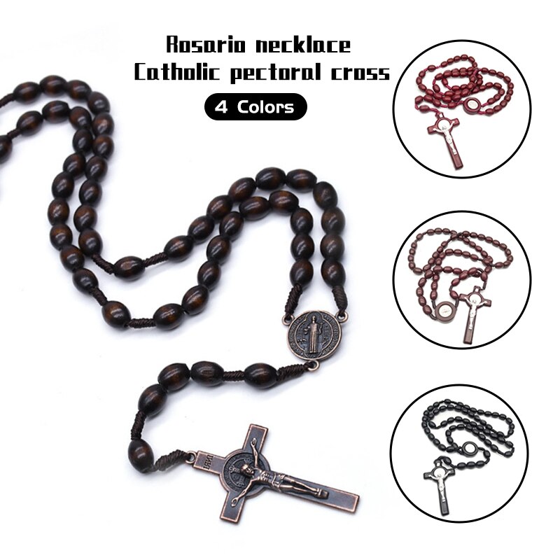 Rozenkrans Kruis Hanger Ketting Antieke Houten Rozenkrans Kruis Ketting Vintage Katholieke Religieuze Bidden Sieraden