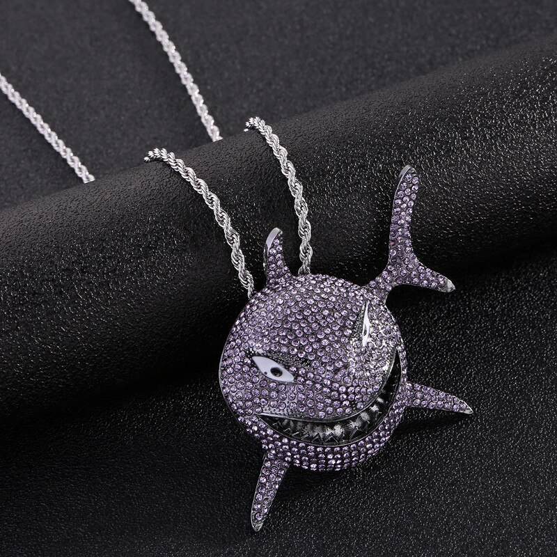 Hip Hop Big Shark Pendant Necklace Pave Bling Cubic Zircon Party Jewelry With Big Iced Out Crystal Miami Cuban Link Chain: purple rope chain