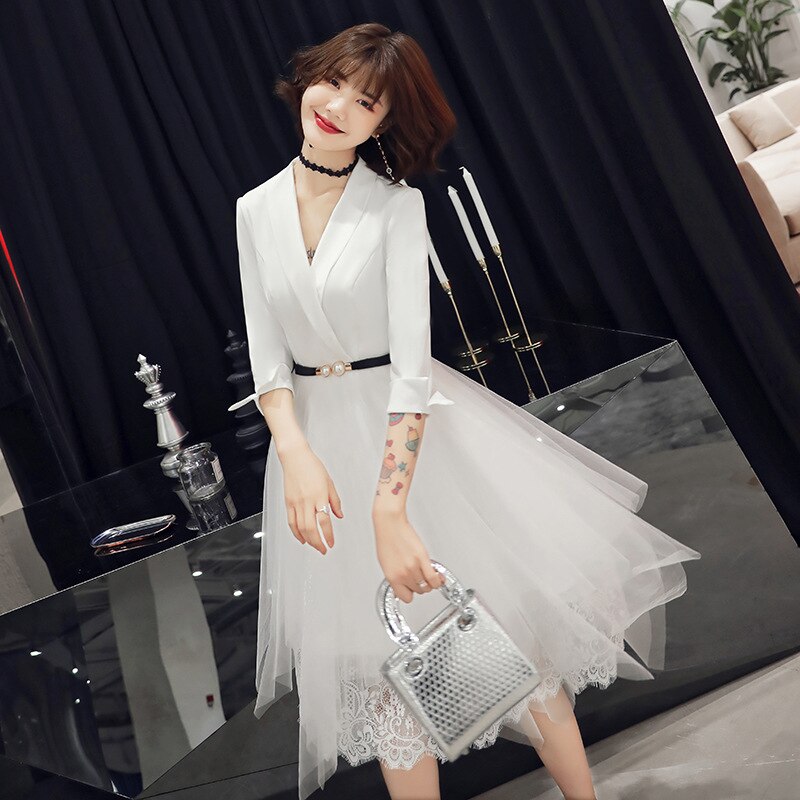 White Short Chinese Oriental Party Wedding Female V-Neck Cheongsam Bridesmaid Evening Dress Celebrity Banquet Dresses