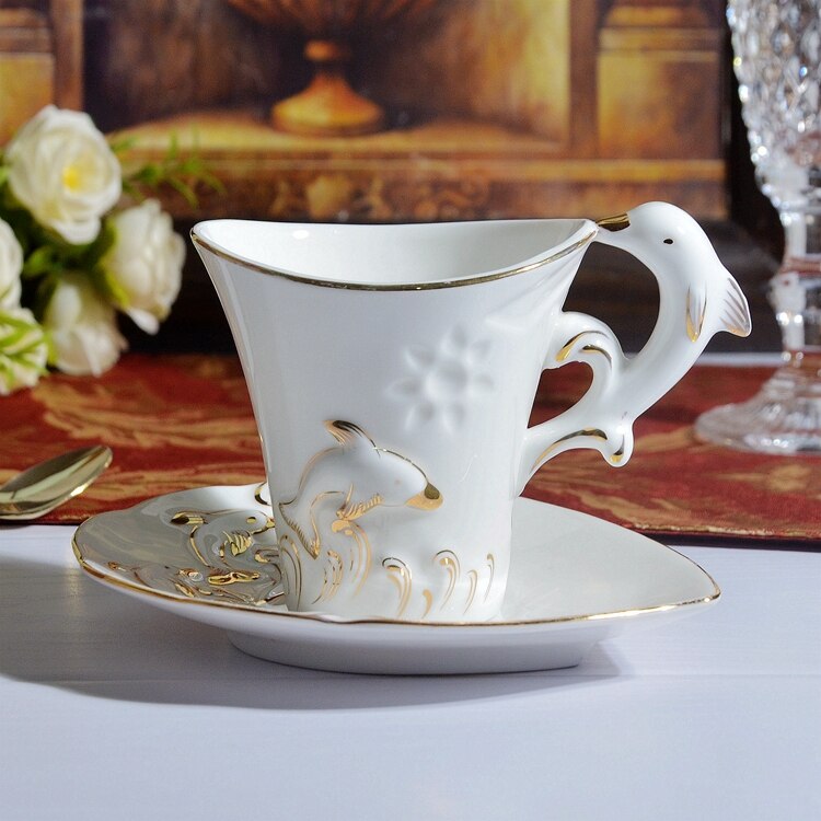 BN01016 European style embossed coffee cup set 200ml 3D dolphin relief coffee cup and saucer Minimal coffee cup ceramic tea set
