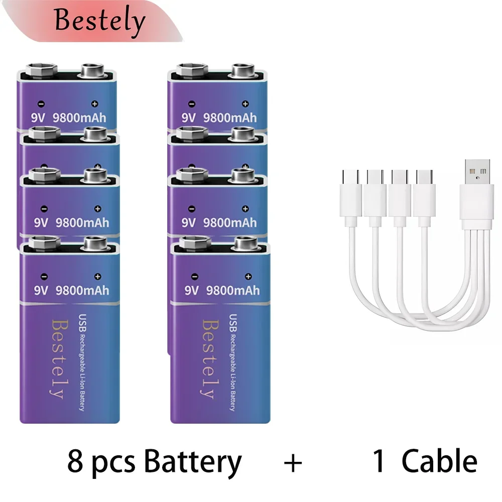 Nueva batería recargable de litio de 9V, 9800mAh, baterías de iones de litio de 9v de larga duración con Cable, para Detector de humo, alarmas, micrófono: Azul cielo