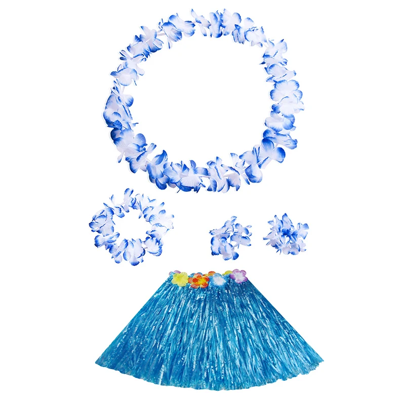 1 Set Kids/Girls Hawaiian Luau Grass Hula Hawaiian-Style Suit Flower Skirt For Parties Balls Festivals And Carnivals-Supplies: Blue