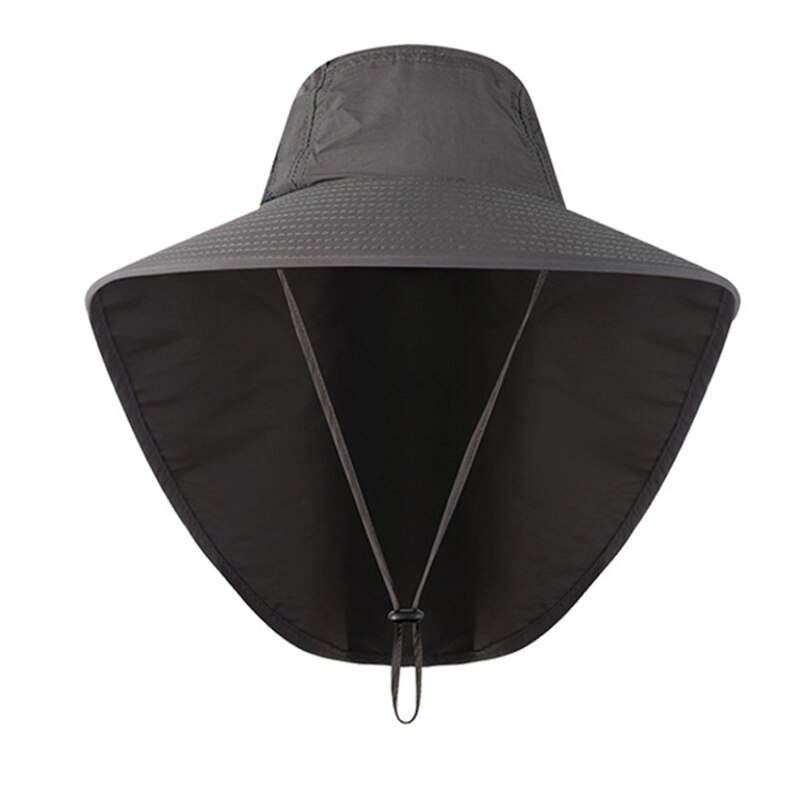 Sombrero de ala ancha con protección solar para hombre, gorro con cuerda para el cuello, protección UV, ala ancha, agujero de malla, redondo, para pesca y senderismo: Gris oscuro