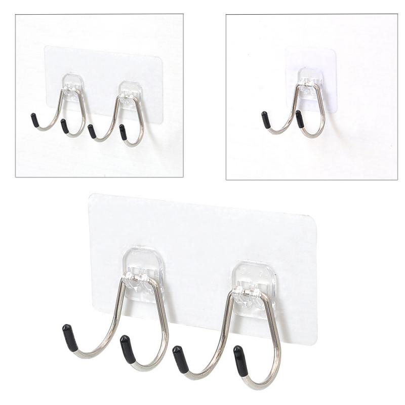 Sterke Zelfklevende Haak Muur Deur Sticky Hanger Rvs Dubbele Haak Keuken Badkamer Haken Home Producten