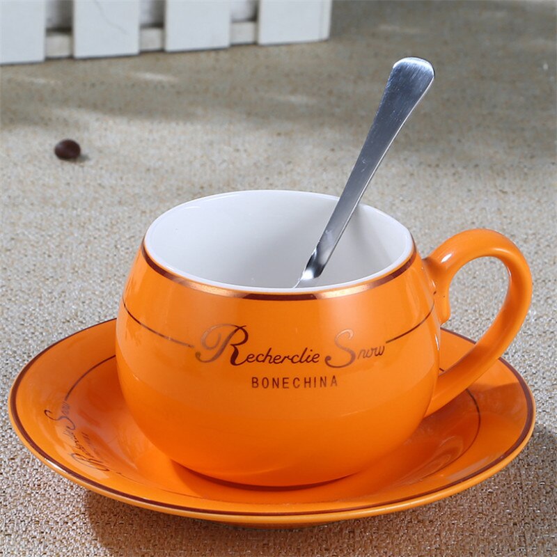 European Simple Cute Coffee Cup with Saucer Spoon Set Bone China Ceramic Tea Cup Office Milk Mug Drinkware: Orange