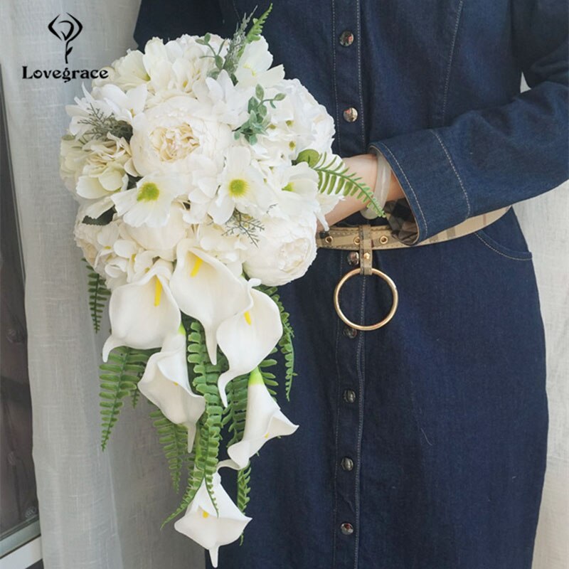 Wedding Silk Rose Calla Lily Waterfall Bouquet Wedding Flowers White Fleur Rose Lace Teardrop Bridal Wedding Bouquet for Bride