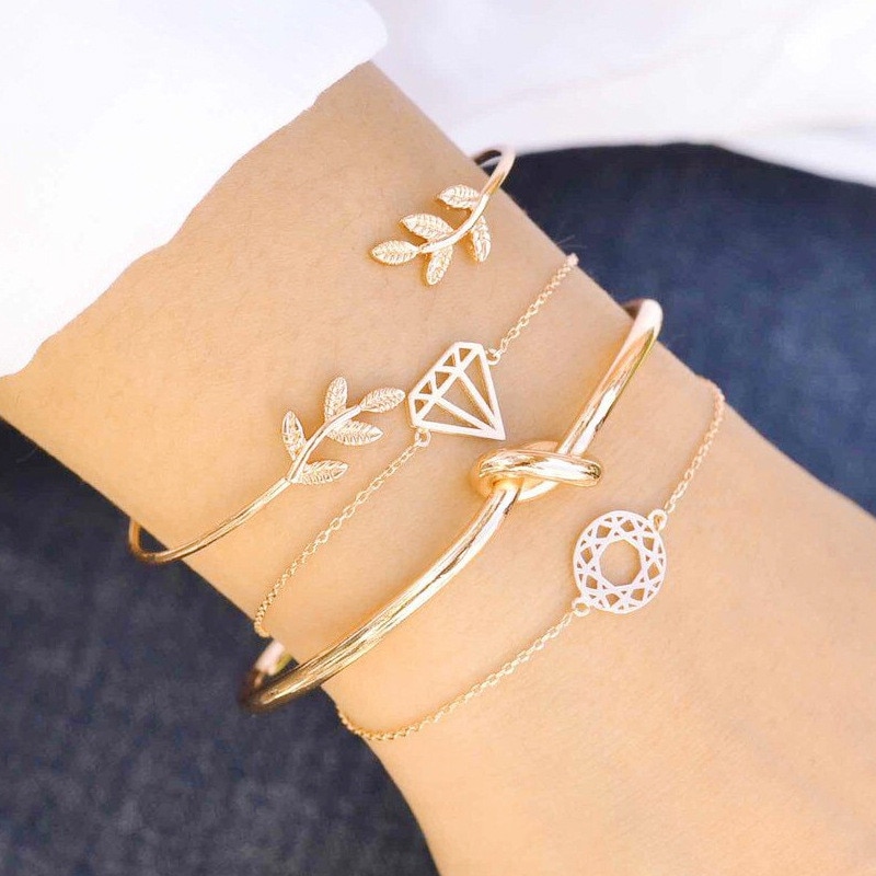 Modyle Bohemian Leaves Knot Round Chain Opening Gold Bracelet Set Women Apparel Jewelry Valentines Day