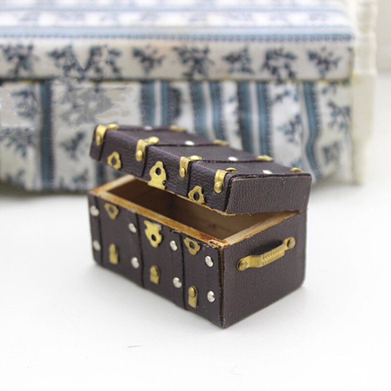 1:12 Miniature Treasure Chest Wood Case with Leather and Golden Holder Dollhouse Furniture Accessories