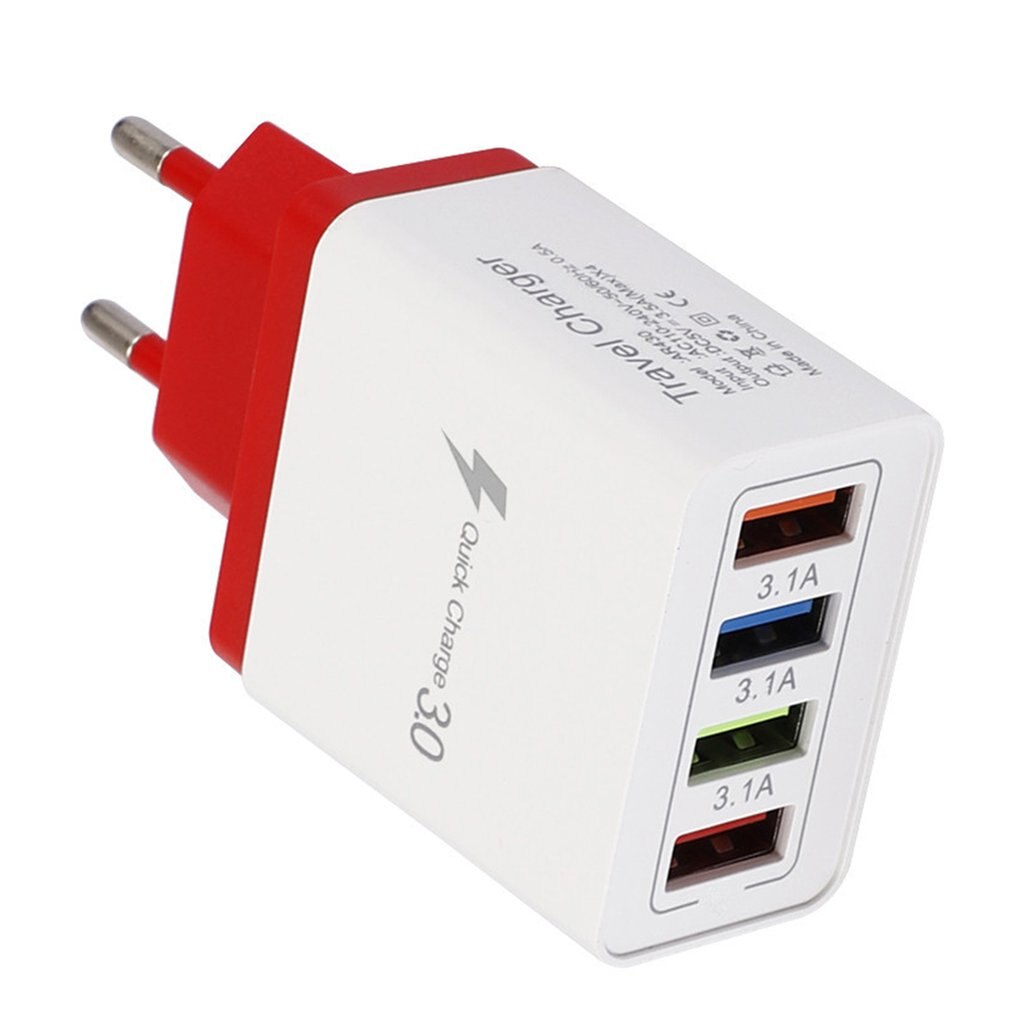 4 USB Port Colorful Charger Travel Charging Head Induction charger USB Quick Mobile Phone Charger Phone Adapter: red / EU