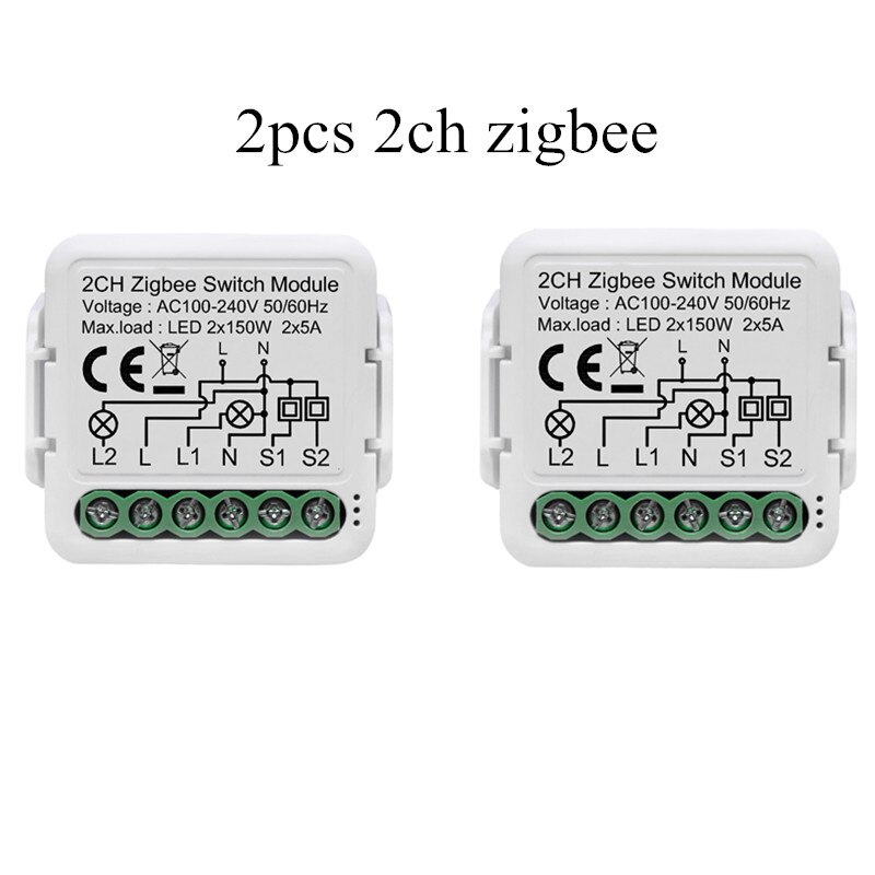 Tuya ZigBee 2 Gang Smart Light Switch Relay Module Smart Life/Tuya App Control, Works with Alexa Google Home: 2 pcs