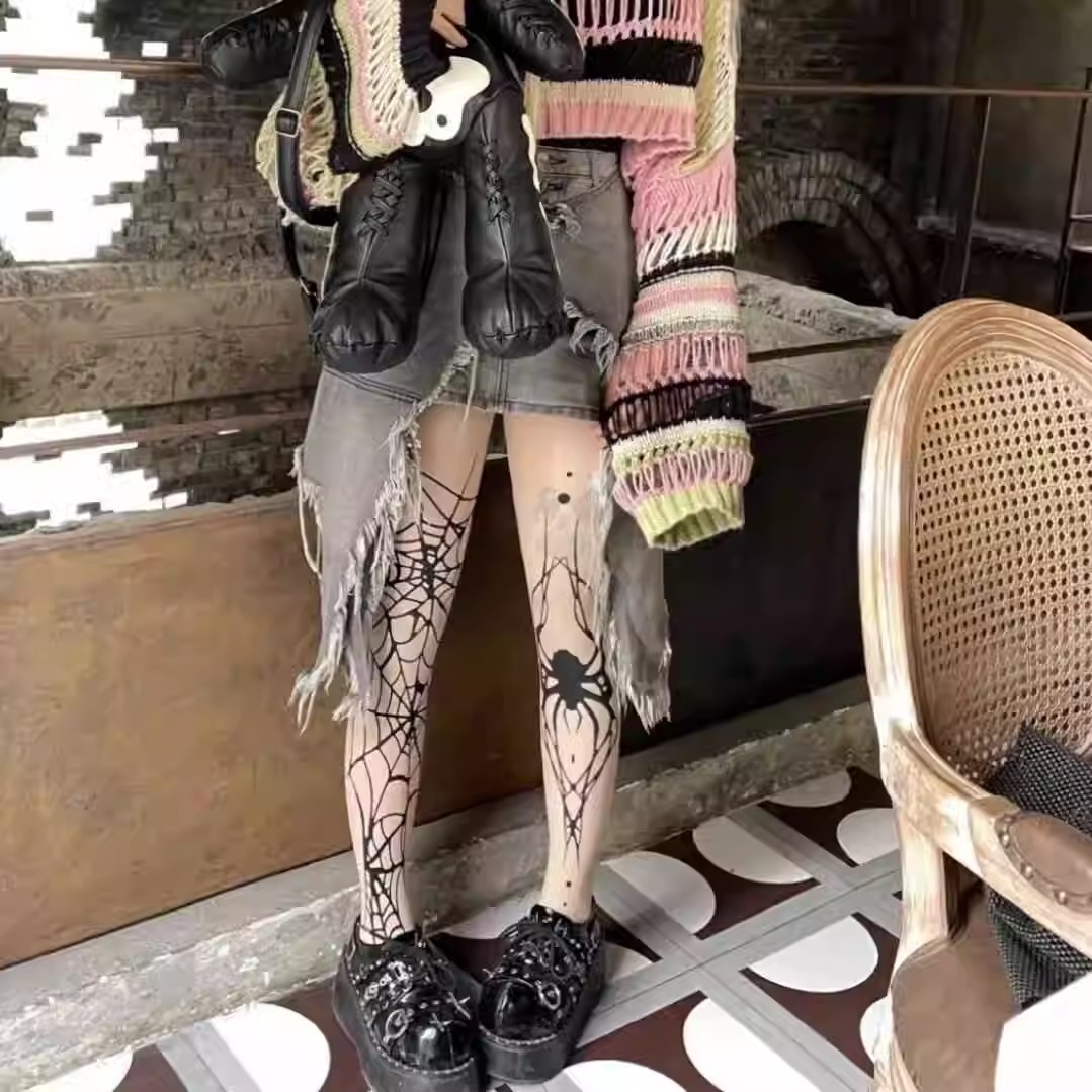 Gothic Vintage Donkere Visnet Panty Kous Vrouwen Emo Alternatieve Sexy Spinnenweb Heks Panty Y2k E-girl Cyber Punk Sokken