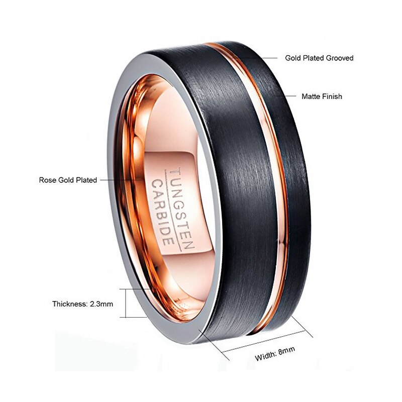 Fishion 8Mm Wide Zwart Dunne Rose Gouden Lijn Mannen Ring 100% Tungsten Carbide Ring Mannelijke Wedding Bands Sieraden