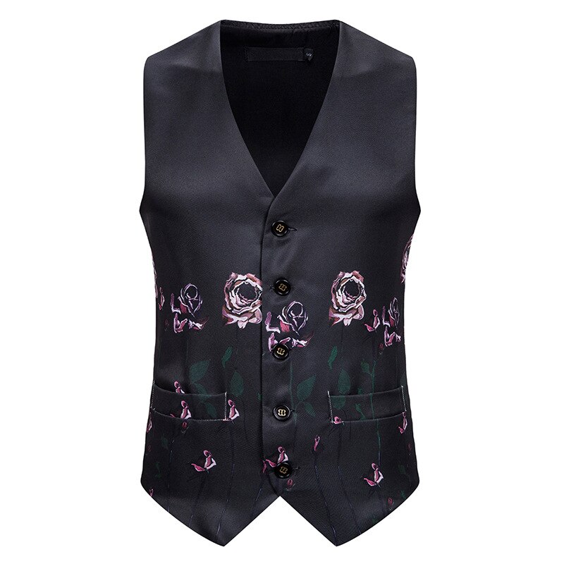 Zwarte rozenprint vest heren merk slim fit enkelrijs vest heren bruiloft feest gala smoking vesten