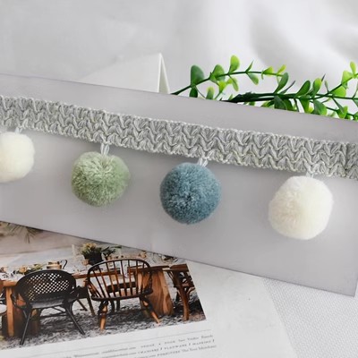 Spetsband - 3m Bomull Tassel Kant - Pompom Dekoration för Gardiner, Soffa, Duk, DIY Hantverk: S / Silver-