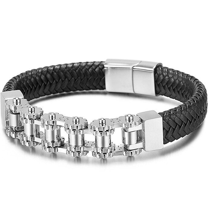 Cool Bike Chain Motorcycle Link Biker Armband Rvs & Lederen Drie Tone Manchet Bangle Armband Mannen: Silver Color