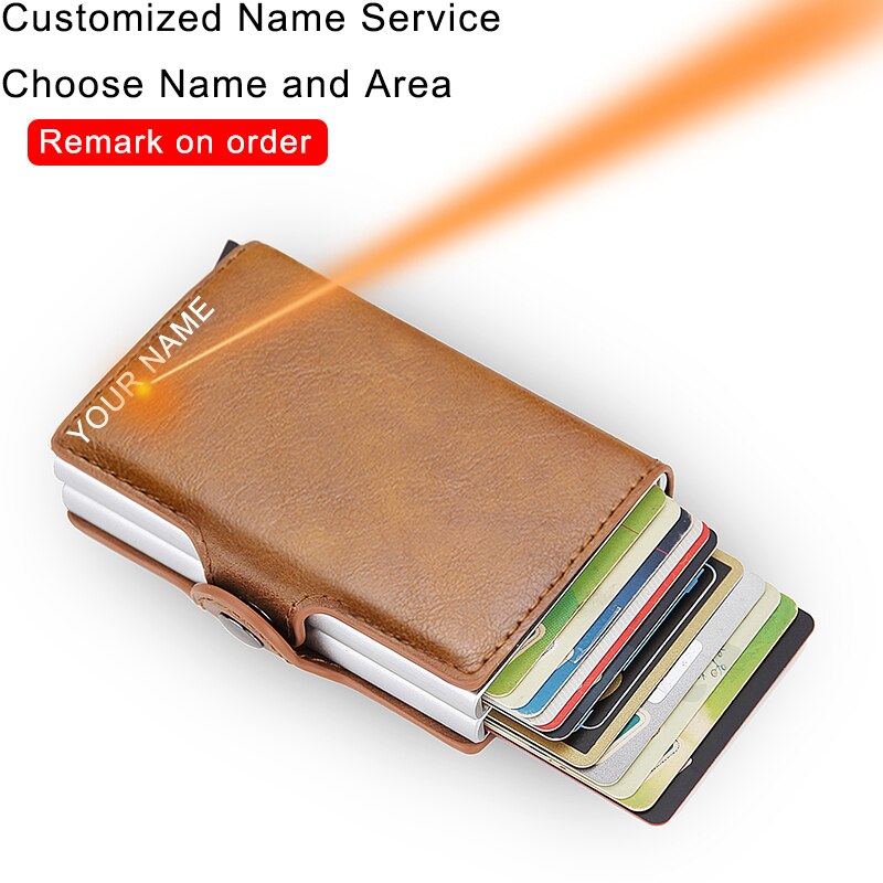 Rfid Blocking Protection Men id Credit Card Holder Wallet Leather Metal Aluminum Business Bank Card Case CreditCard Cardholder: Brown(Name Service)