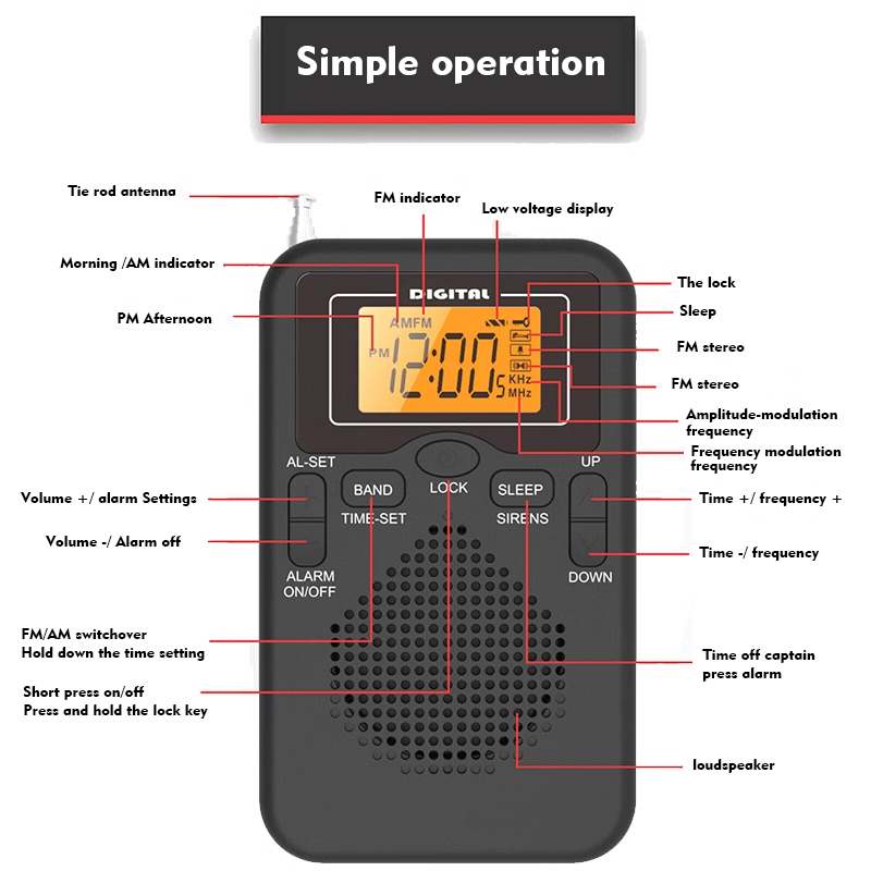 Pocket AM/FM portable radio with good reception effect, 2-band digital radio, display speaker, headphone jack, alarm clock
