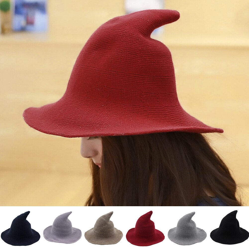 Women Modern Witch Wool Hat Foldable Costume Sharp Pointed Wool Felt Halloween Party Hats Witch Hat Warm Cap