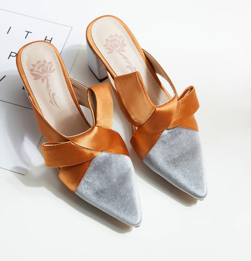 Bowknot kvinnor tofflor spetsiga tå höga klackar tofflor dam kvinnor skor zapatos mujer  n960: Grå / 6