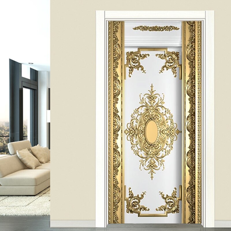 Self-Adhesive Door Sticker European Style Luxury Gold Carvings Wallpaper Living Room Bedroom Poster Mural Pvc Waterproof Sticker