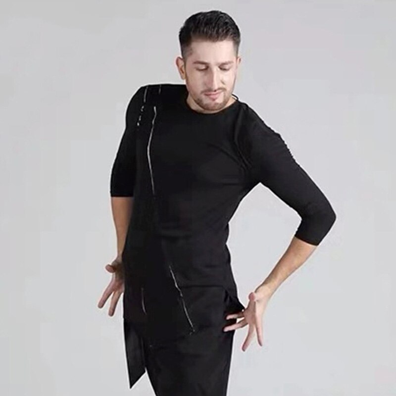 Zwarte Latin Dance Kleding Mannen Praktijk Kleding T-shirt Voor Mannelijke Charleston Kostuum Salsa Ballroom Competition Dans Tops BI422: Xxl