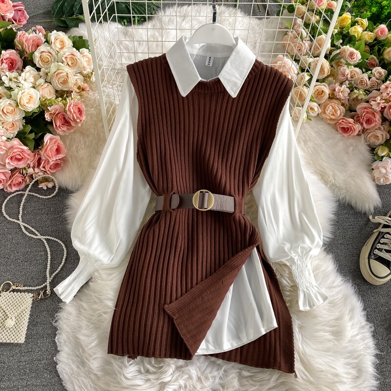 Chemise à manches lanternes pour femmes, gilet tricoté, ensemble deux pièces de style collégien, gilet à la taille, top UK900, printemps-automne