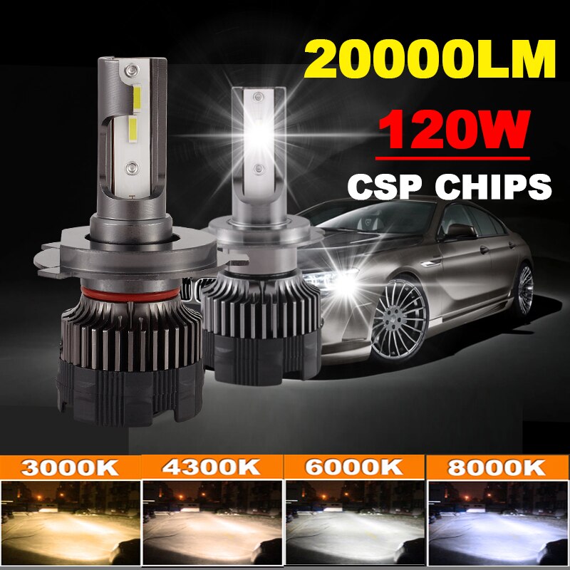 Carhaedlight H4 Led H7 H1 H8 H9 H11 9005 9006 HB3 4500K 3000K 6500K 8000K 25000K Auto Mistlamp 120W 20000LM 12V Led-lampen