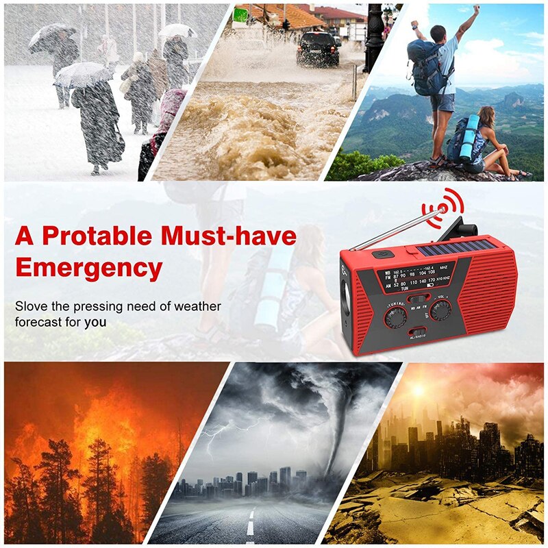Wind Up Radio, Emergency Solar Hand Crank AM/FM Weather Radio With Portable Power Bank, 2000mAh Rechargeable USB Phone Charger, SOS Alarm, Bright LED Flashlight For Household And Outdoor Survival