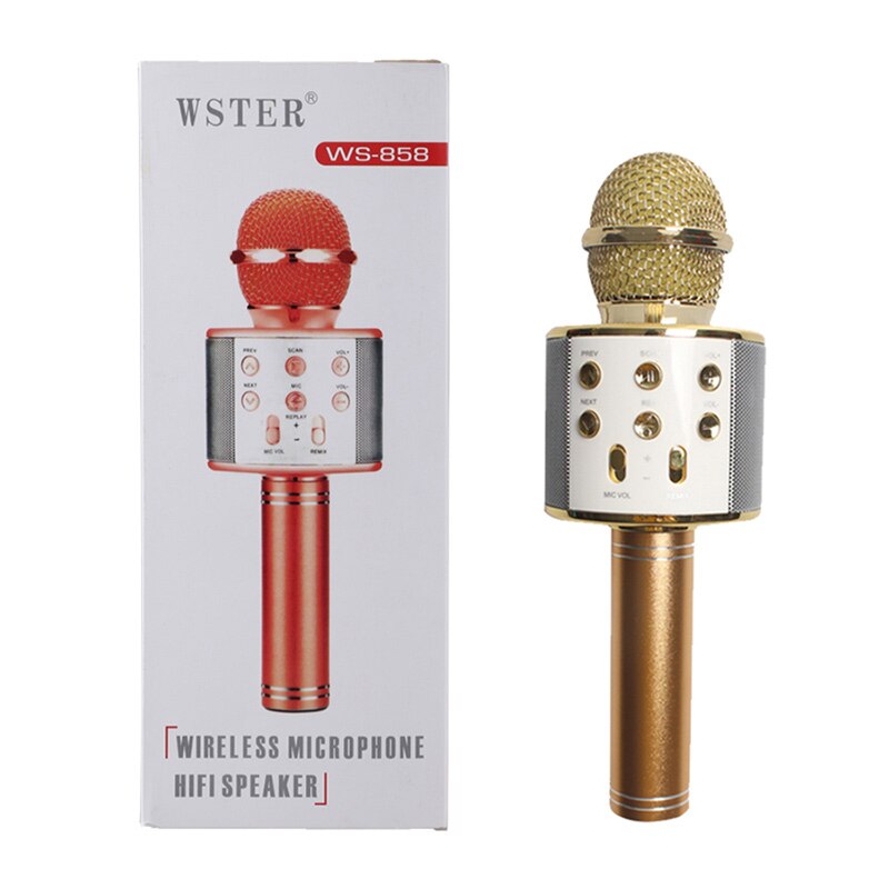 WS-858 Bluetooth Wireless Microphone Handheld Karaoke Mic USB Mini Home KTV For Music Playing Singing Speaker Player: Golden