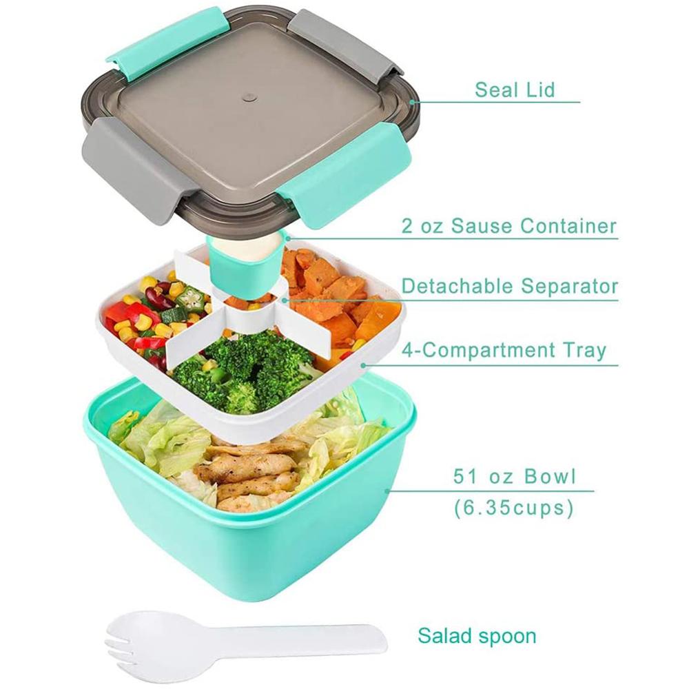 Salade Lunch Container Met Slakom En Vork 3-Compartiment Lunchbox Voor Salade Toppings Snacks Magnetron Veilig