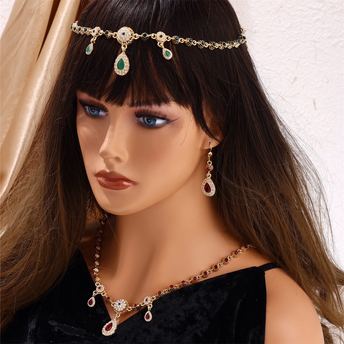 Algerijnse Handgemaakte Sieraden Kristal Bruiloft Haar Accessoires Metalen Hoofddeksel Sieraden Set Hoofd Ketting En Oorbellen Water Shape