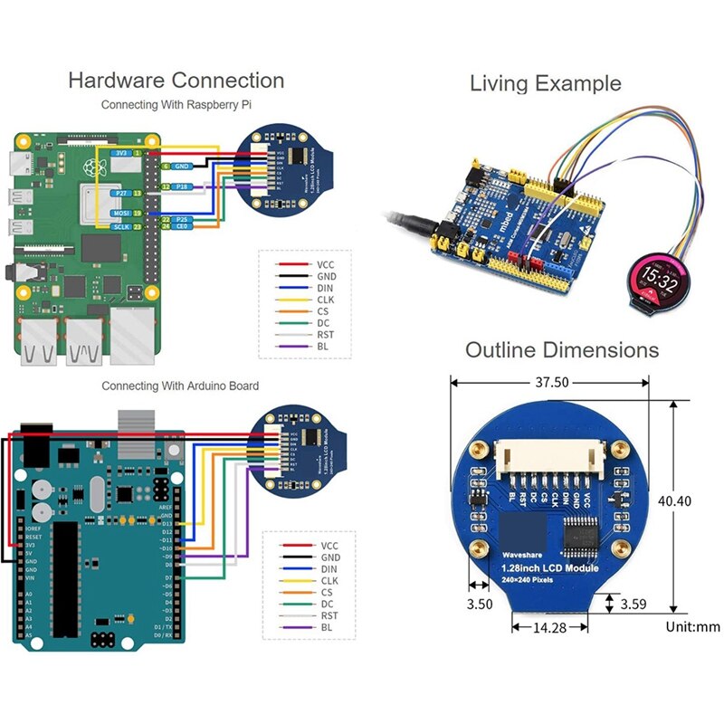 1.28Inch Round Display LCD Screen Module GC9A01 SPI Communication RGB 65K Color Support Raspberry