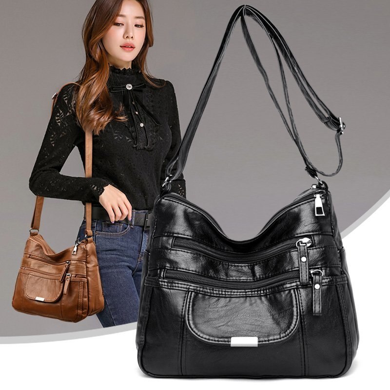Retro women's bag double zipper shoulder bag soft leather handbag simple messenger bag trend multi-pocket bag