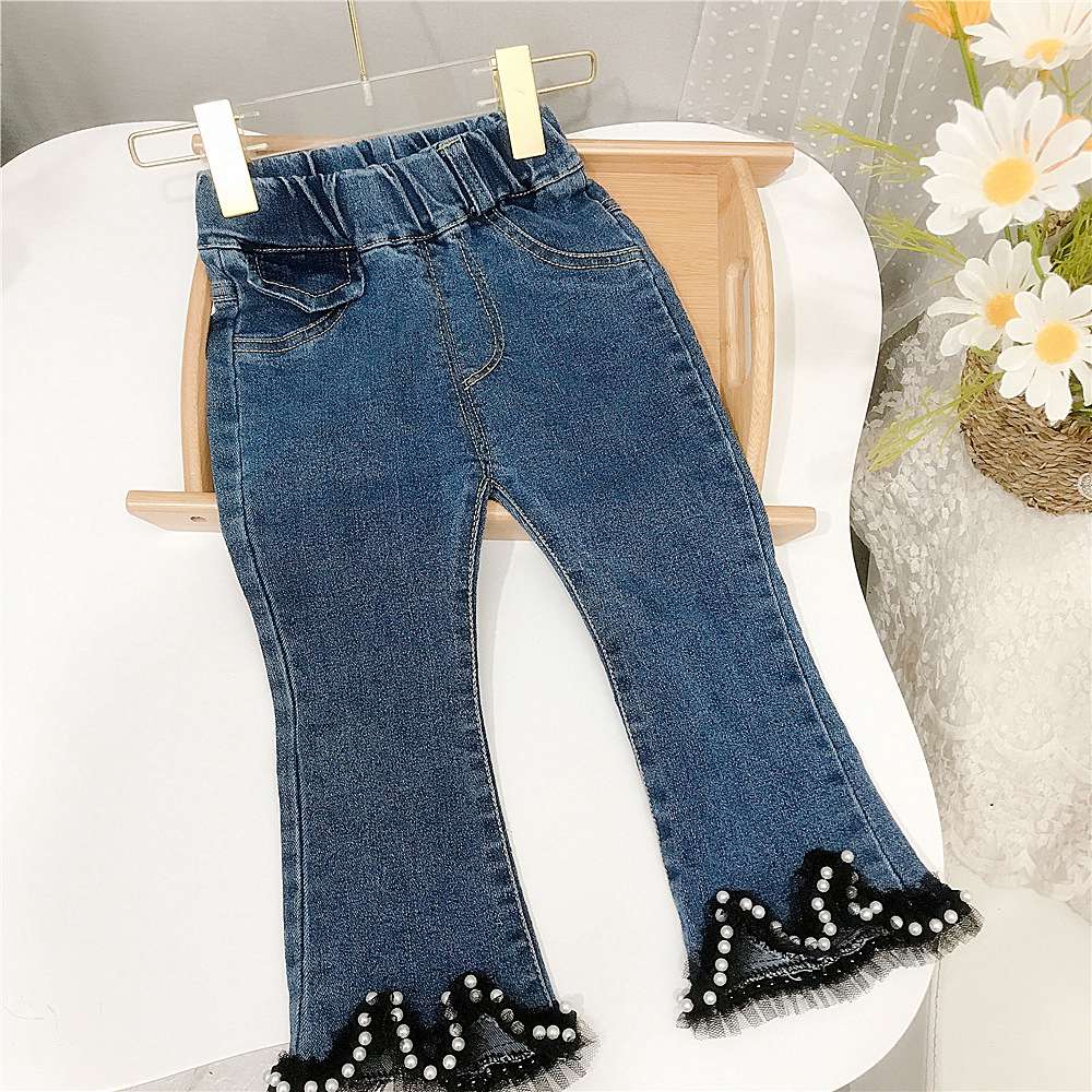 Mode Meisjes Kids Prinses Jeans Flare Broek Lente Herfst Lange Kinderen Baby Lace Kralen Denim Broek Broek S12091: 12M