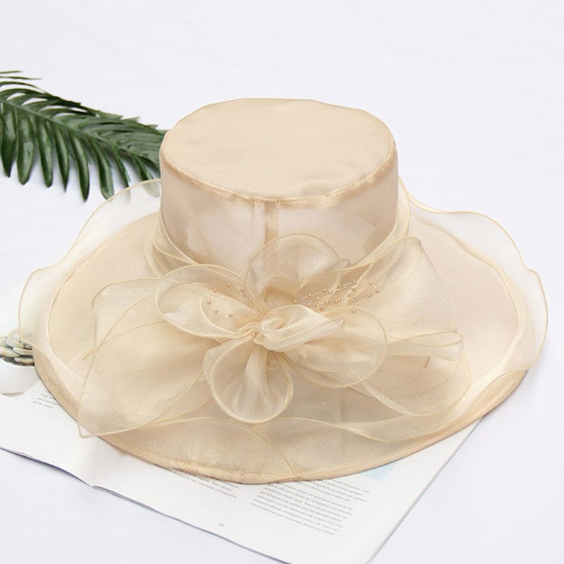 FS -sombreros de Iglesia transpirables para mujer, sombrero de ala ancha de Organza, gris, púrpura, para de té, con flor de malla: Beige Derby Hat