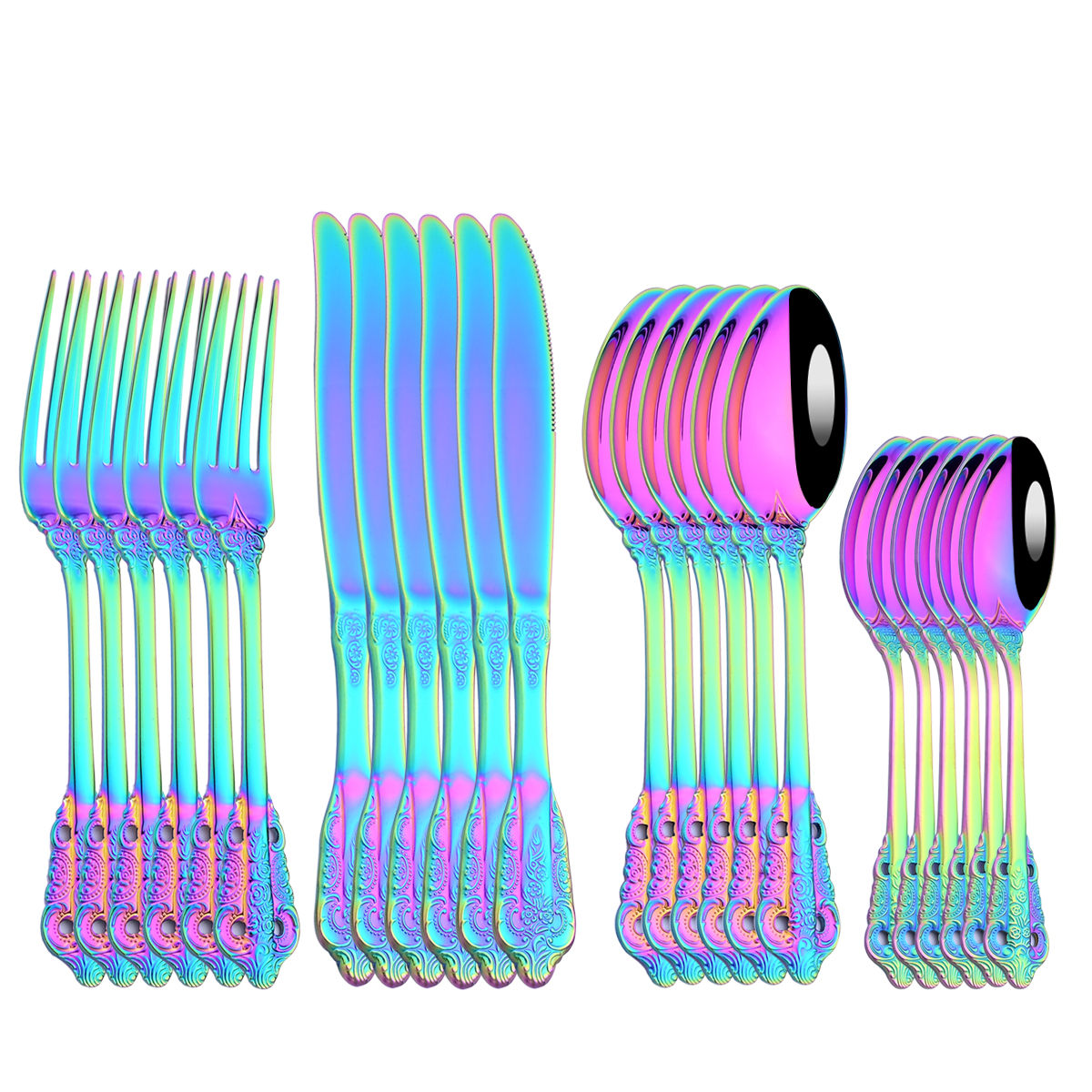 24Pcs Dinnerware Set Knives Fork Tea Spoon Dinner Tableware 304 Stainless Steel Purple Cutlery Set Kitchen Flatware Silverware: Rainbow 24pcs