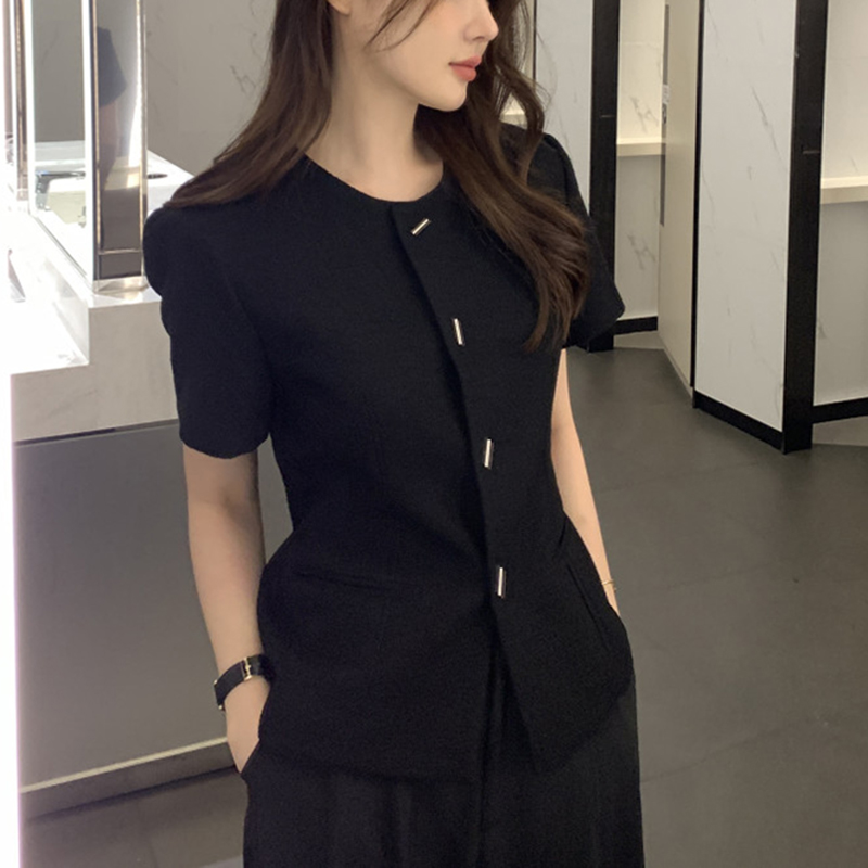 Elegante jas in Franse stijl voor dames Vintage high-end O-hals All-match s zomer afslankende dame met korte mouwen