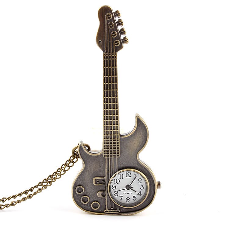 Kleine Zakhorloge Ketting Vrouwen Mode-sieraden Brons Mini Size Gitaar Quartz Pocket Horloges Hanger Meisjes Vrouwen Little