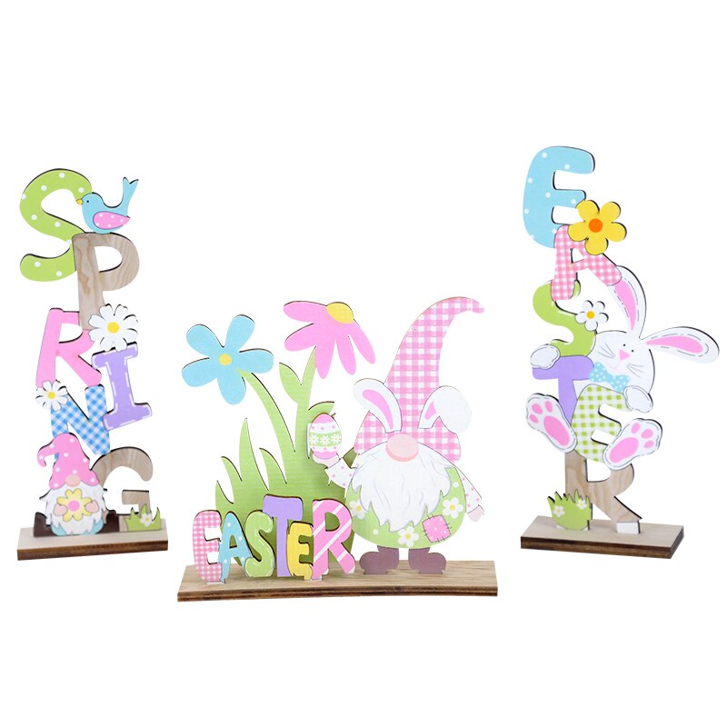Happy Easter Spring Wooden Letters Decoration Easter Ornaments Bunny Carrot Faceless Gnome Wood Craft Kids Toys Party Decor