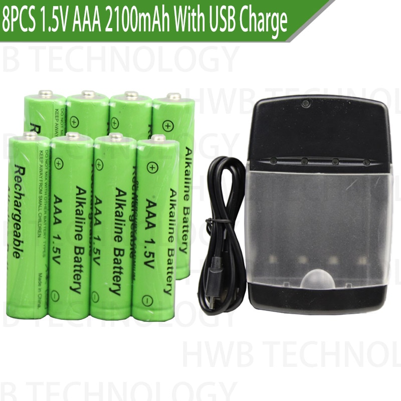 8pcs/lot Brand Alkaline Rechargeable battery 1.5V AAA 2100mah + 1pcs USB Smart Alkaline/NI-MH/Ni-Cd battery charger