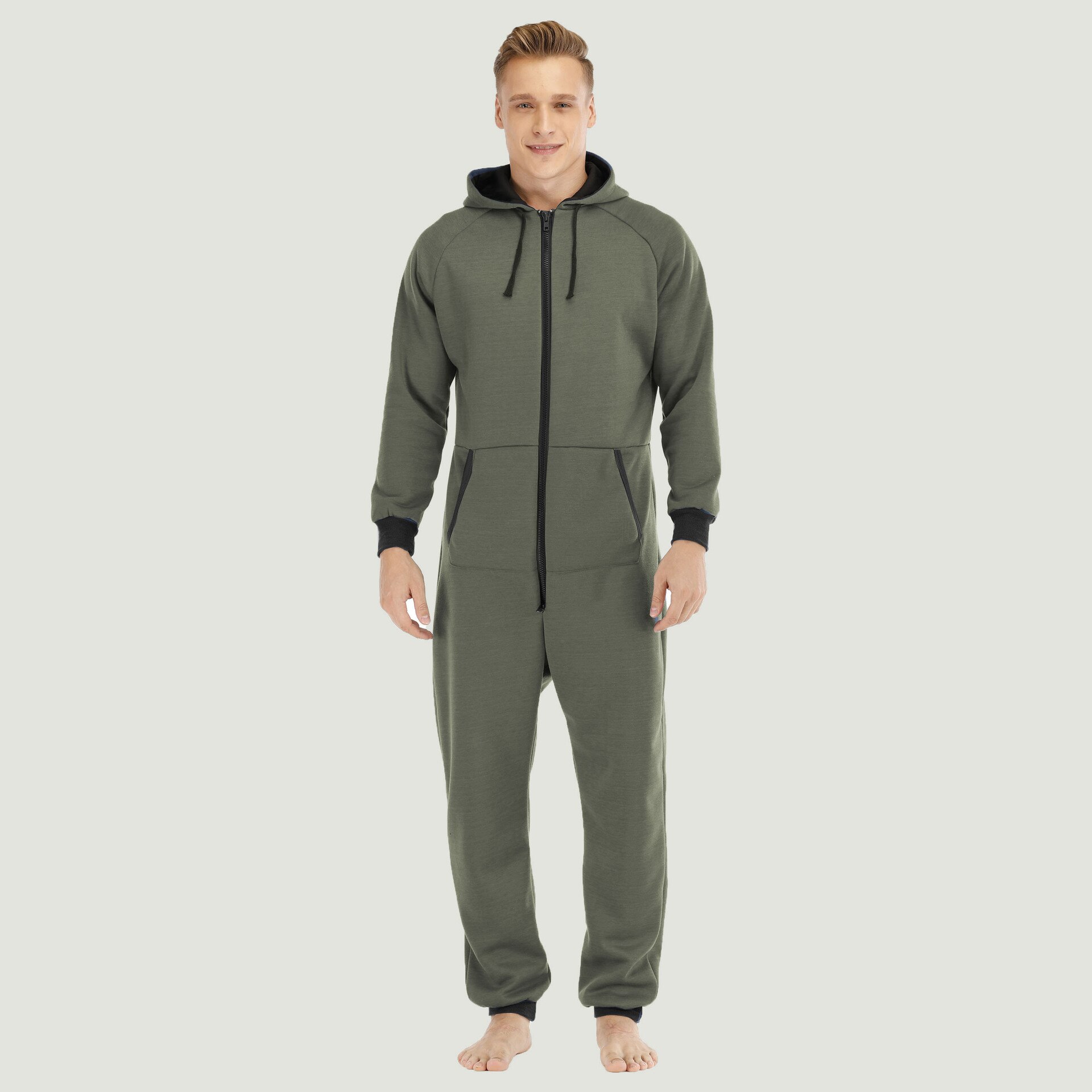 Ensemble pyjama épais pour homme, vêtements d'hiver, manches longues, capuche, fermeture éclair à l'avant, doublure polaire, tenue longue: Green / S