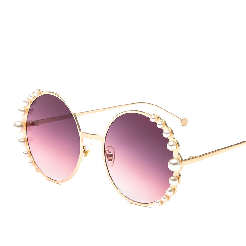 Luksus perle solbriller kvinder metal stel runde solbriller mærke spejl perle solbriller  uv400: Guld-lilla