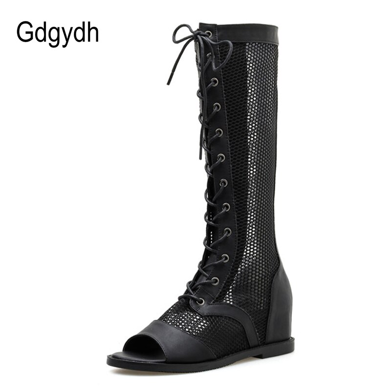 Gdgydh veterschoenen voor dames in de zomer, stijlvolle rome mesh open teen rits kniehoge laarzen sandaal hoogte toenemende zwarte punkschoenen